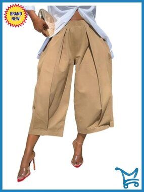 Women's Wide Leg Cropped Capri Pants Pleated High Waist Baggy Harem Casual